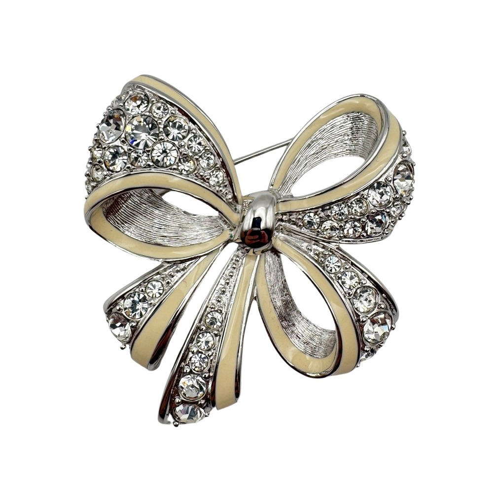 Nolan Miller Brooch Enamel Bow Rhinestone with Box Silver Tone Pin